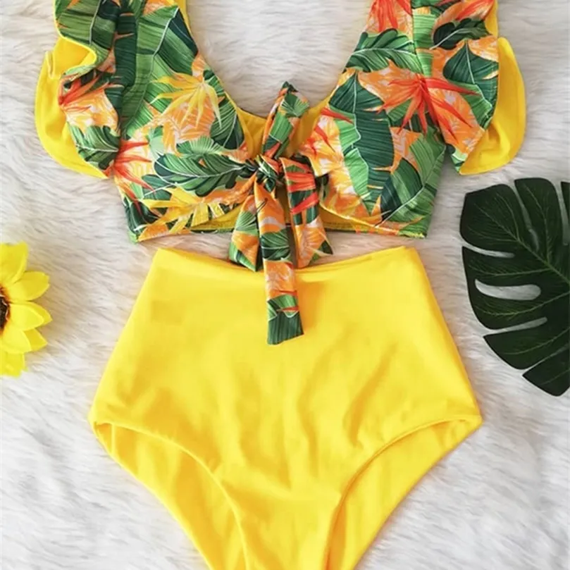 Floral Ruffled Hem Bikini Set Women Flora VNeck HighWaisted Two Piece Swimsuit Girl Beach Bathing Suit Swimwear Biquinis 220527