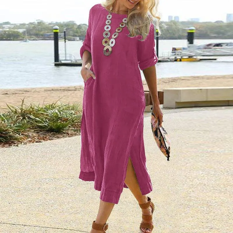 maxi dress with sleeveses Vintage Cotton Linen Women's Slit maxi dress with sleeves 2022Summer Harajuku Pocket Long Sleeve Party Loose Solid maxi
