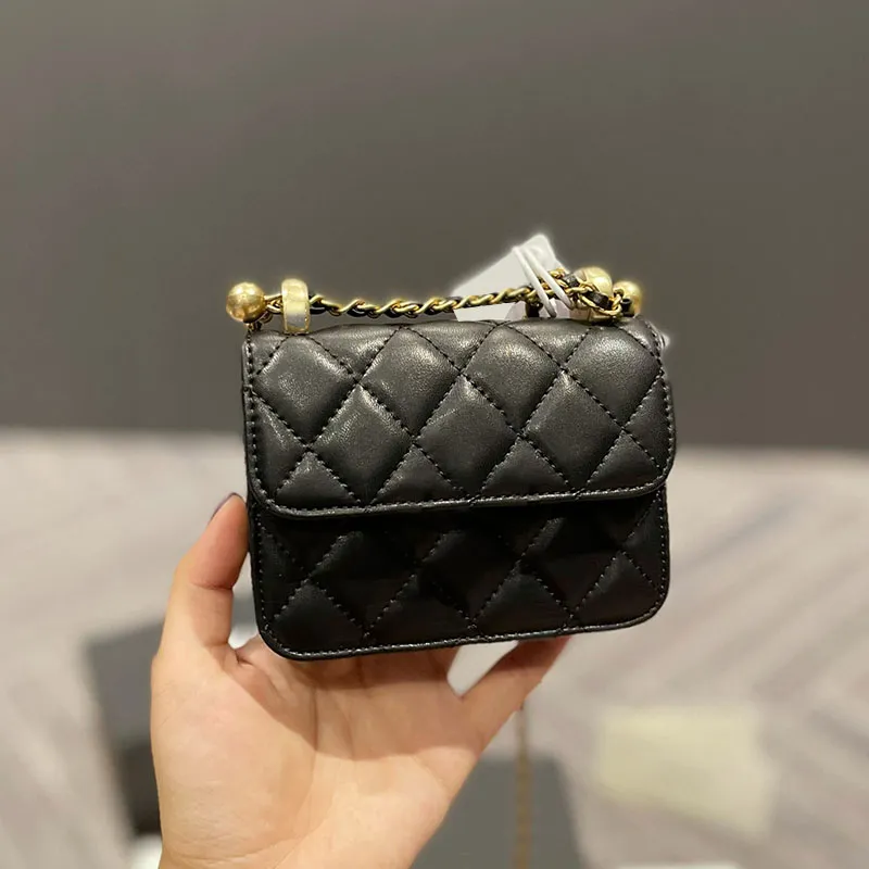 22P France Damen Classic Mini Flap Bags Double Litlle Balls Quilted Lammfell Echtleder GHW Crossbody Tiny Cosmetic Case Vanity Fashion Trend Handtaschen 12X10CM