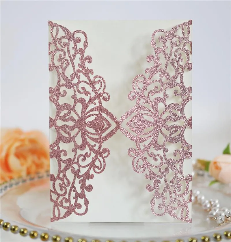 Glitter Wedding Invitation Flower Hollow Laser Cut Elegant Engagement Wedding Invitation Card With Rope and Envelope