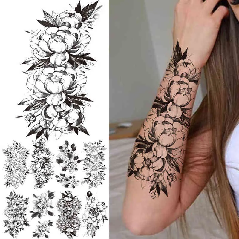 NXY Temporary Tattoo Flower s for Women Lady Girl Fake Dahlia Black Rose Peony Realistic Stickers Forearm Tatoo Transfer 0330