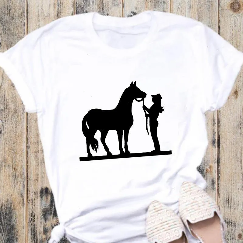 Women T-shirt Horse Graphic Print T Shirt Short Sleeve O Neck Loose Aesthetic Tee Ladies