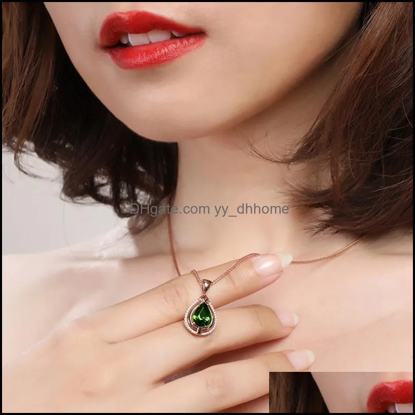 green crystal water drop stone pendant necklace for women rose gold pear cz zircon necklaces wedding choker necklace yydhhome