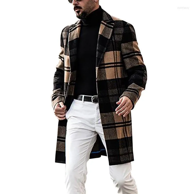 Trench da uomo Cappotto lungo casual da uomo Slim Fit Di lana Homme Moda Streetwear Giacca scozzese Vintage Hombre 2022 Viol22 da uomo