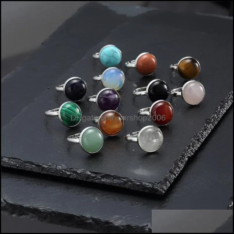 Cluster Rings Jewelry 12Mm Stainless Steel Round Natural Stone Ring Tiger Eye Opal Crystal Adjustable For Women Pendientes C3 Drop Delivery