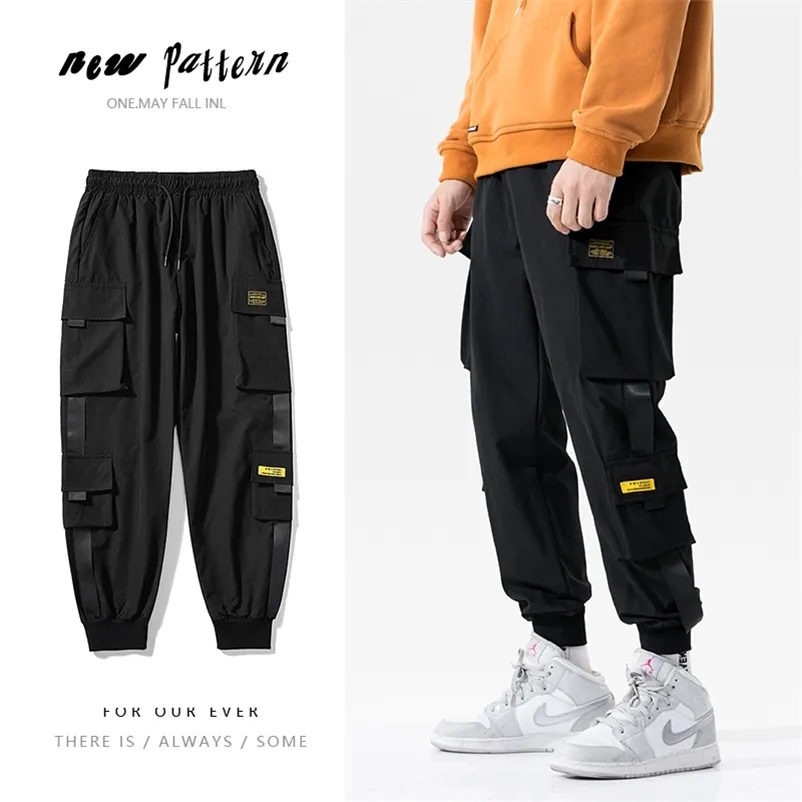 Men's Pants Streetwear Casual Joggers Side pocket s Cargo Fashion Slim Ribbons Sweatpants Harem Ankle length Trousers 220826