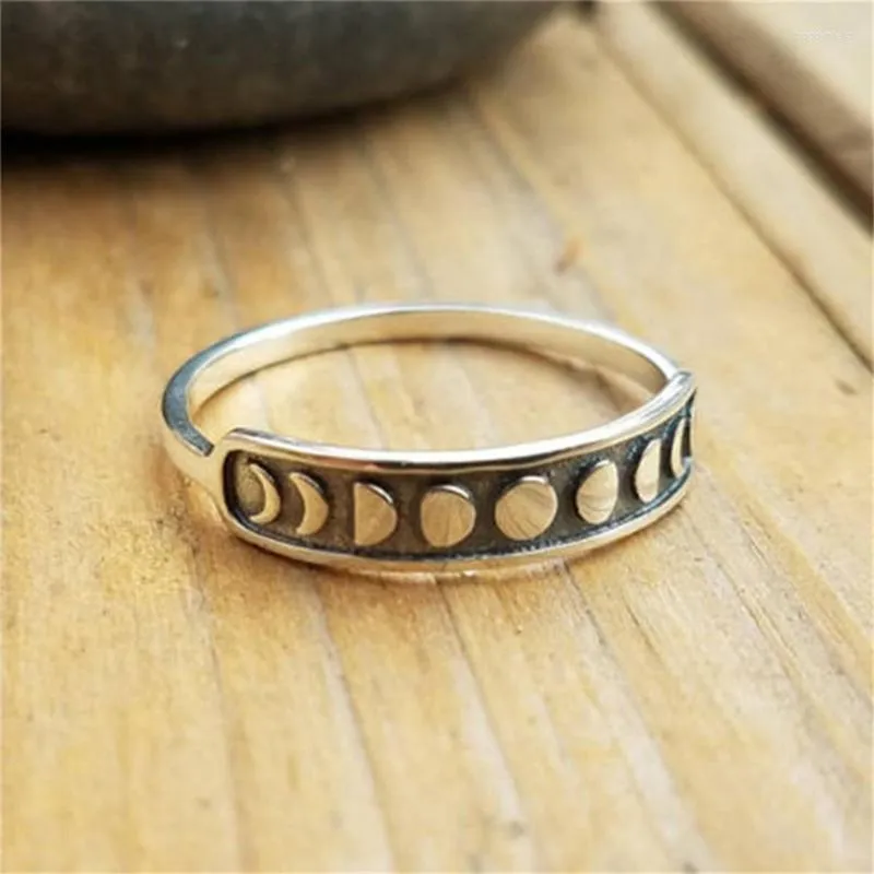 Wedding Rings Full Moon Waning For Women Girl Bohemia Antique Silver Color Finger Jewelry