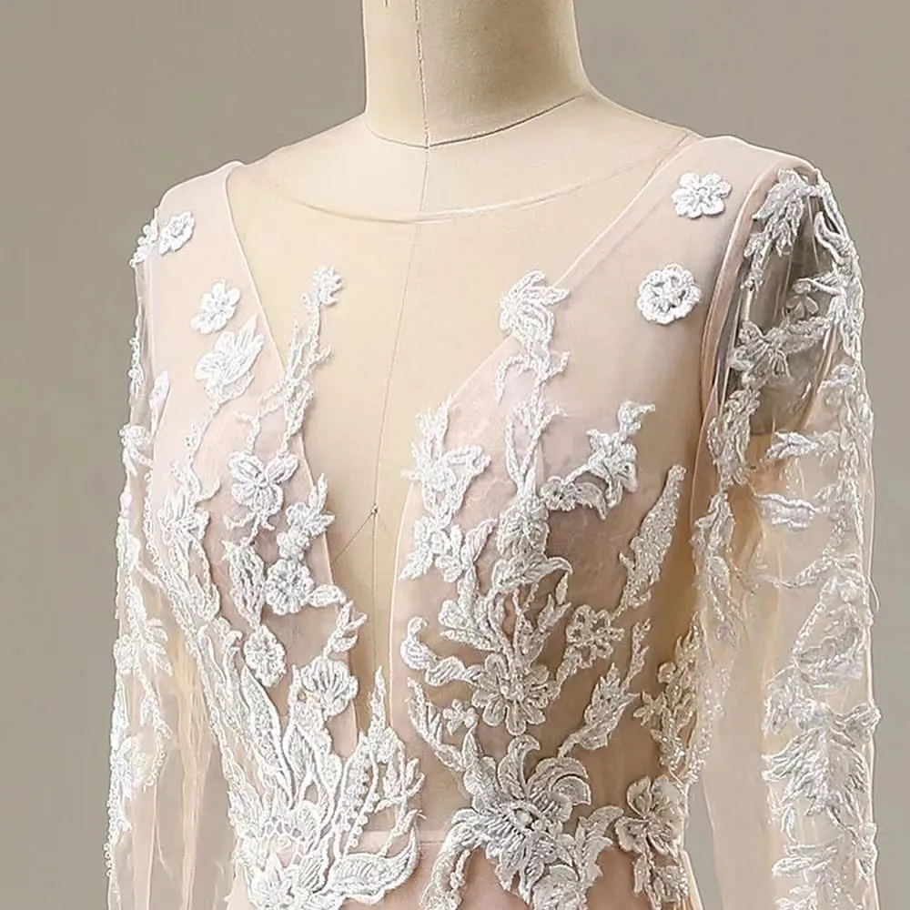 Elegante abito da sposa a sirena di lusso 2022 Fodera rosa Avorio Applicazioni Abiti da sposa in pizzo Abiti da festa di nozze senza maniche lunghi