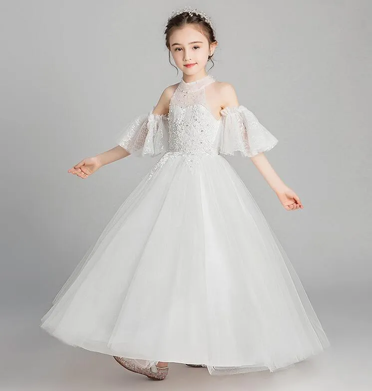 Girl's Dresses Long Beads Tulle Flower Girl Dress Half Sleeve Wedding Party Beauty Pageant Ball Gown Kids Princess Communion