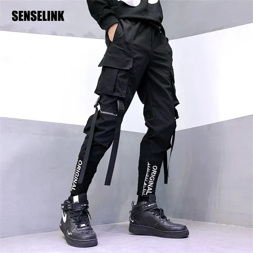 Herrlastbyxor Hip-Hop Multi-Pocket Jogger Black Streetwear Ribbons Fashion Sweatpants Men's Harem Casual Pants 220509