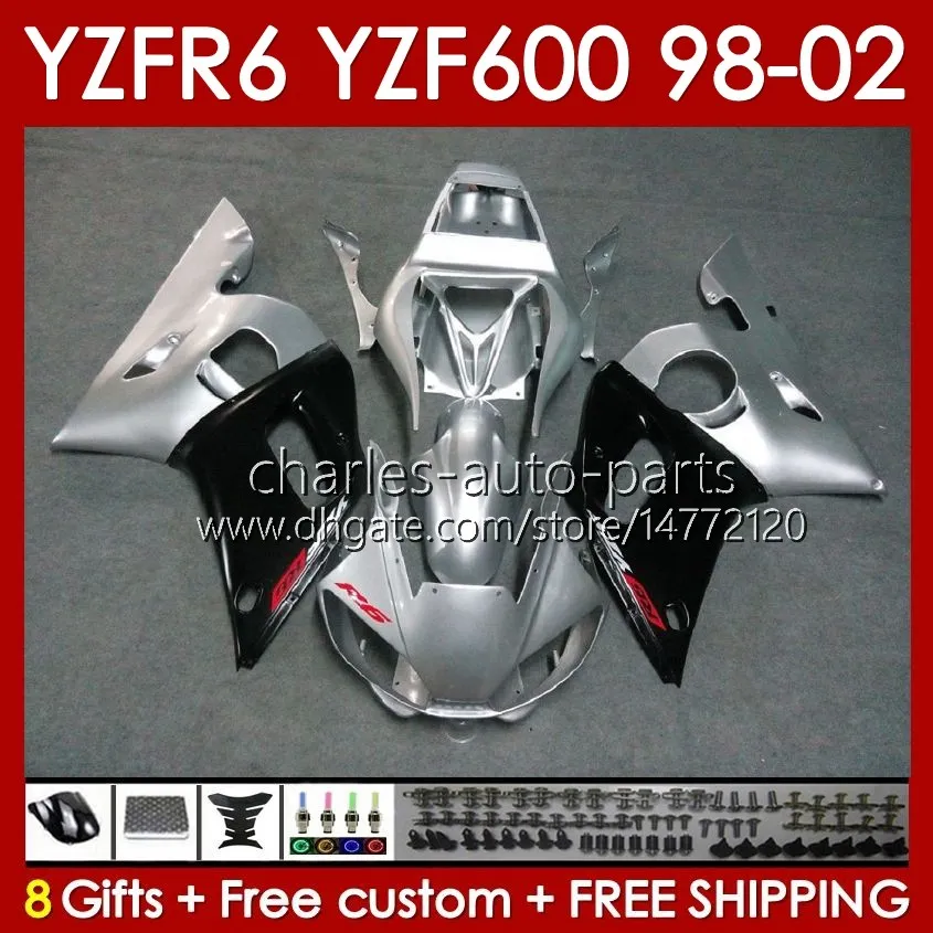 Telaio carrozzeria per YAMAHA YZF-600 YZF R6 R 6 600CC YZFR6 1998 1999 00 01 02 Carrozzeria 145No.9 YZF 600 CC Carenatura YZF-R6 98-02 YZF600 98 99 2000 2001 2002 Kit carenatura argento lucido