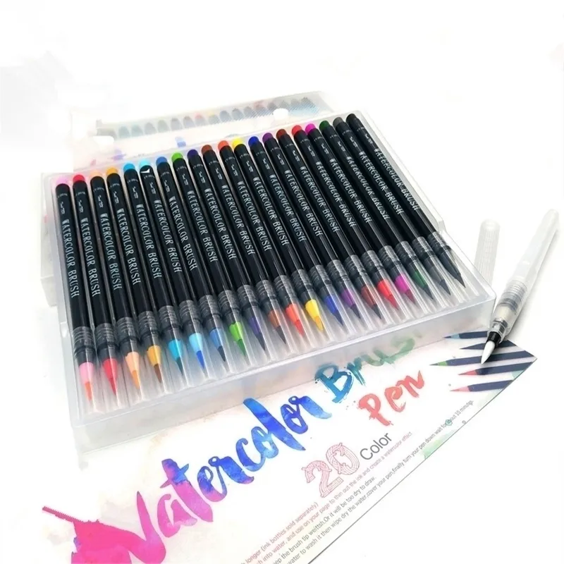 20 renkli suluboya boyama işaretleri kalem premium yumuşak fırça seti boyama kitapları manga komik kaligrafi sanat markeri y200709