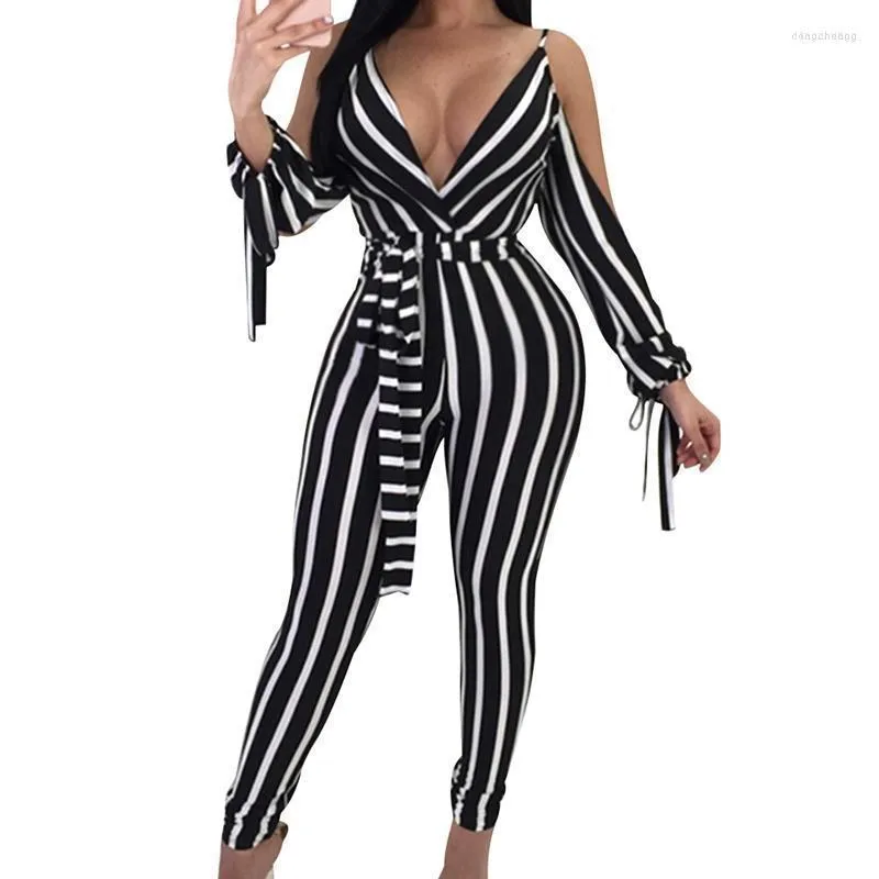 Women's Jumpsuits & Rompers Elegant Striped Sexy Spaghetti Strap Womens Deep V Neck Jumpsuit Long Sleeve Backless Bow Casual Slim Overalls