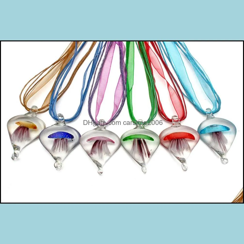 6color necklaces handmade murano lampwork glass crystal inlaid jellyfish teardrop pendant necklace for women men mixed color