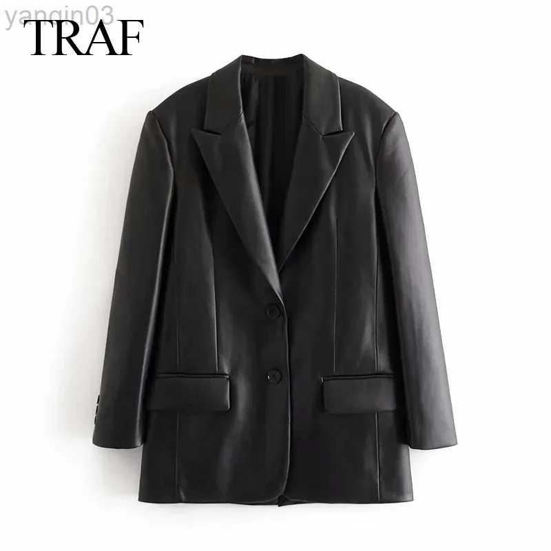 TRAF Women's Fashion Pockets Long Sleeve Back Vents Female Outerwear PU Faux Leather Loose Blazer Coat Vintage Chic Tops L220801