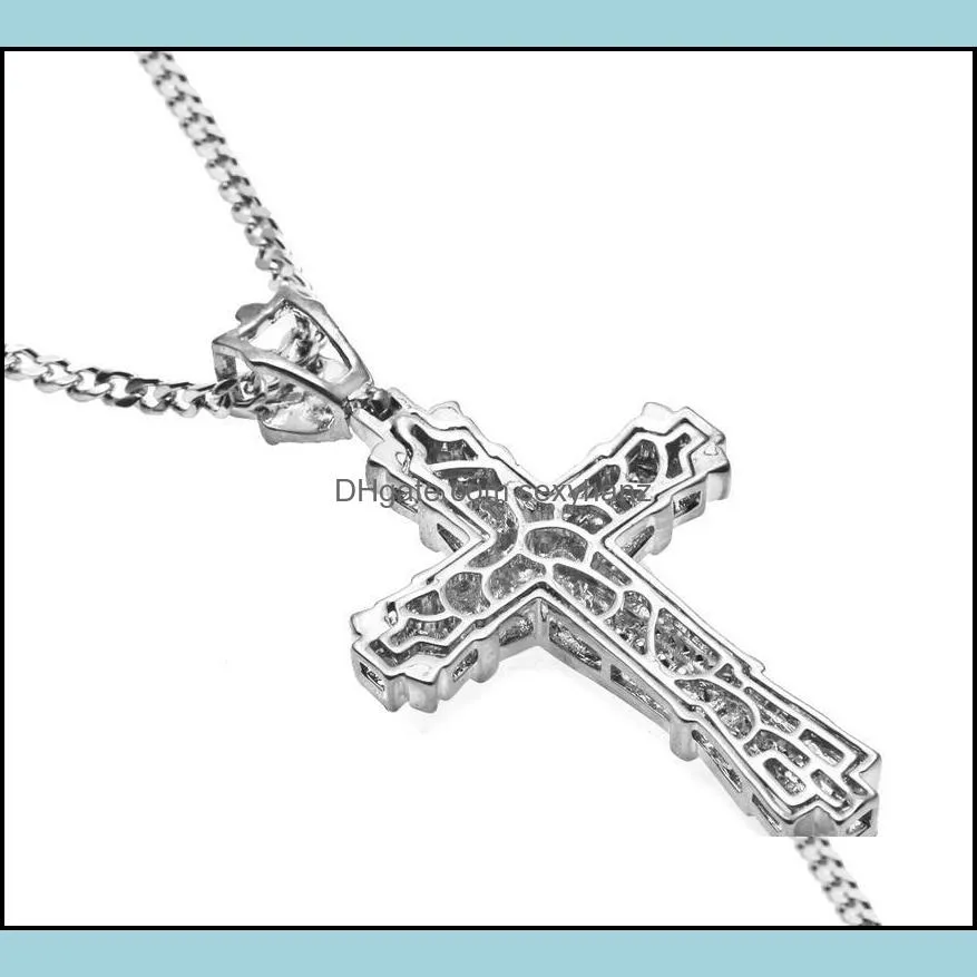 New Retro Chram Cross Pendant Necklaces with Diamond Women Men`s Hip Hop Necklace with Long Cuban Chain Silver and Gold colors