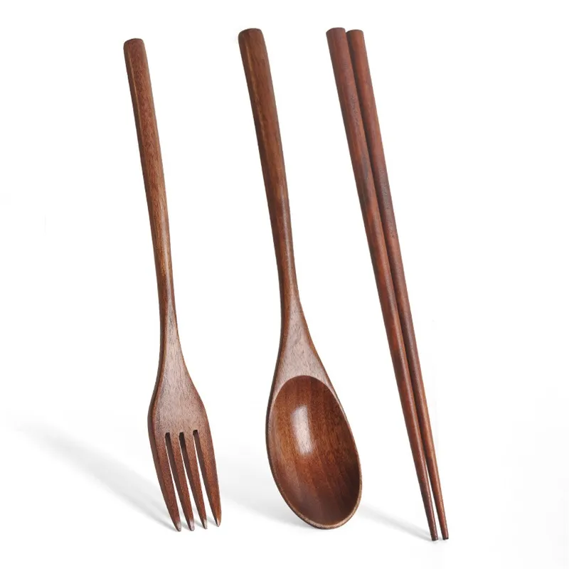 3pc Portable Dinnerware Sets Chopsticks Spoons Fork Handmade Japanese Natural Wood Spoon Forks Chopstick Set 376 D3