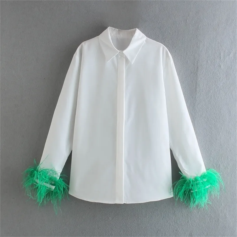 Green Feathers on the Cuffs Womens Blouses Long Sleeves Women's Clothing White Elegant Female Blouses Tops Shirts for Women Top 220727