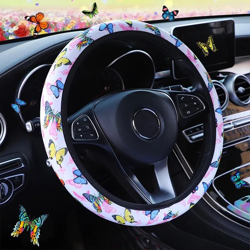 Coberturas de volante de cor borboleta para carro Sterring Cover Kawaii Butterly Flower Printed Elastic Auto Case For 37-38cm Car-Steering Steering