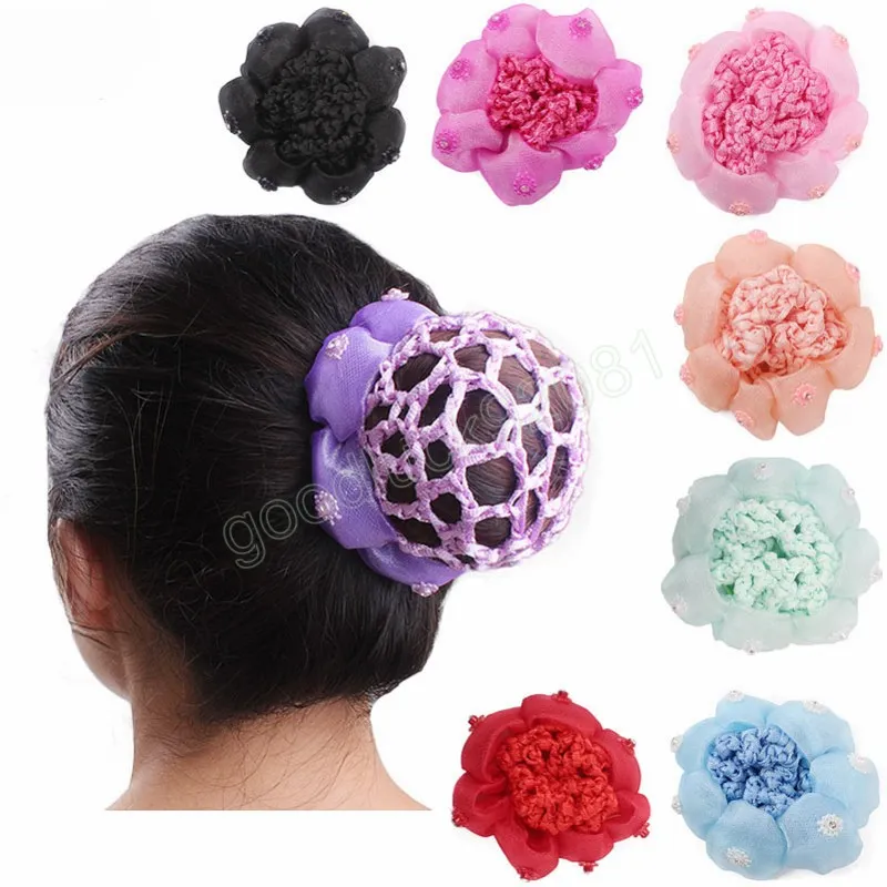 Retina per capelli all'uncinetto con fiore di perle per ragazze, pattinaggio su ghiaccio, copertura elastica per chignon, strumento per lo styling dei capelli per le donne, retine per capelli, accessori per capelli