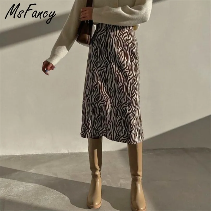 MSFANCY ZEBRAストライプスカート女性ファッションハイウエストAラインミディジュペFemme韓国の有式な女性Faldas 220317