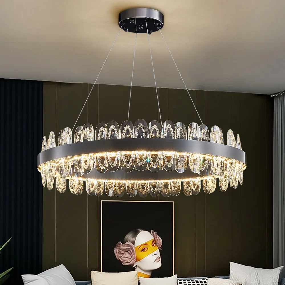 Nordic Clear Crystal Chandelier Texture Hanging LED Lamp Black Lighting Fixture for Living Room Dining Hall Kitchen Island Decor