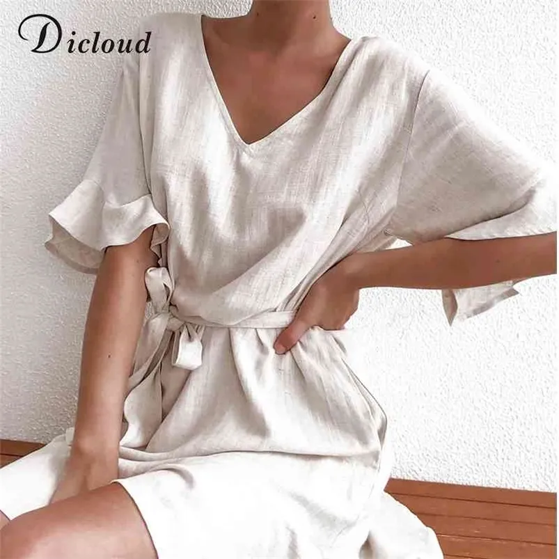 Dicloud Casual Solid Cotton Lenses Women Женщины летние короткие рукава V Sece Mini Party Dames Lady Line Summer Outfit 210322