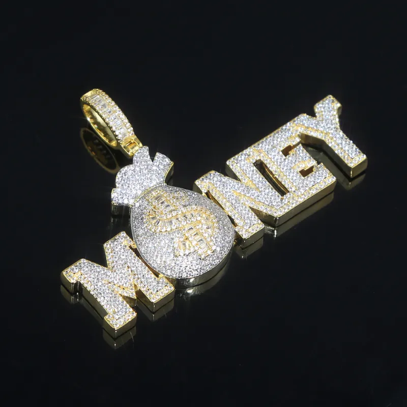 Gold Sier Color MONEY BAG Letter Pendant with Rope Chain Iced Out Cubic Zirconia Pendants Hip Hop Jewelry Gift for Women Men