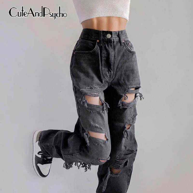 Vintage Femmes Ripped Denim Jeans Taille Haute Grunge Coréen Cargo Pantalon Casual Esthétique 90s Pantalon Mignon Harajuku Cuteandpsycho T220728