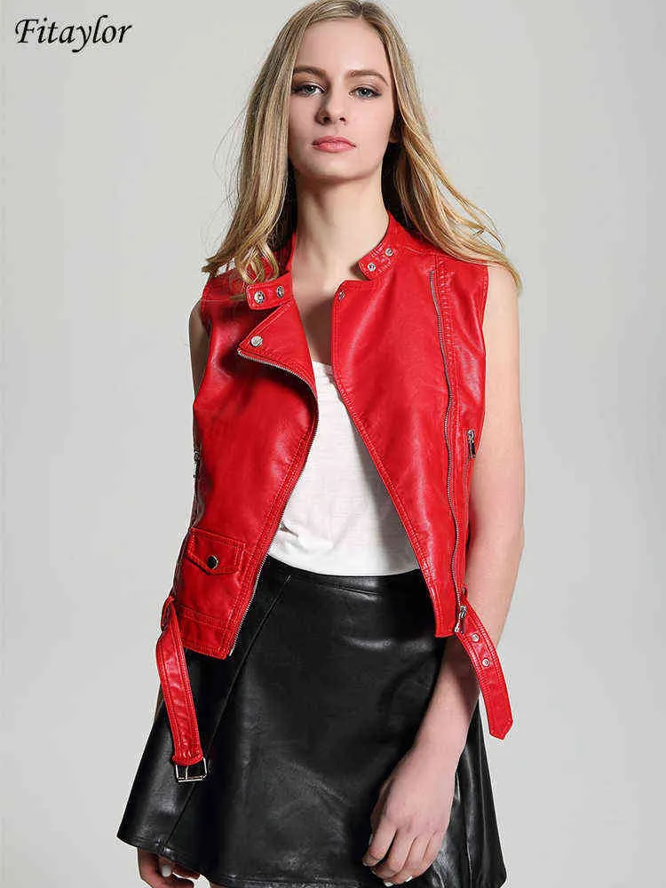 Fitaylor 2022 Spring Faux Red Leather Vest Jacket Women Casual Sleeveless Coat Streetwear Style Sashes Moto Biker dragkedja utkläder L220728