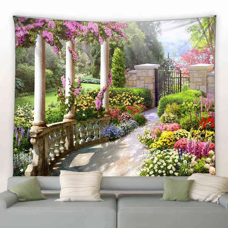 Style européen Jardin Tapisserie Rose Jaune Fleurs Plantes Nature Paysage Peinture À L'huile Art Salon Décor Tenture Tissu J220804