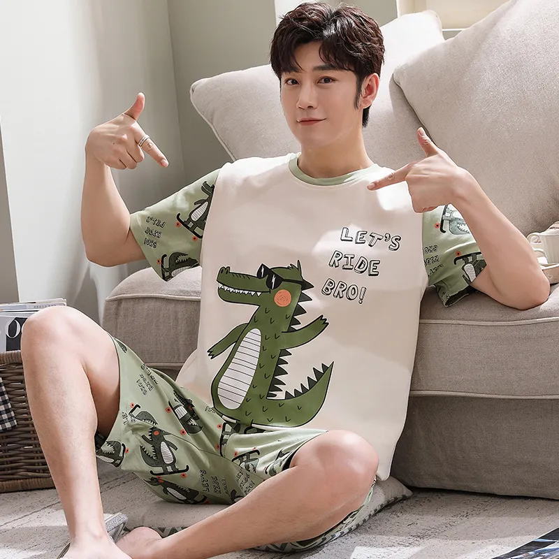 Pigiama da uomo Set Estate Maniche corte O collo Sleepwear Divertente Dinosaur Cartoon Print Knit Cotton Plus Size Nightwear 220611