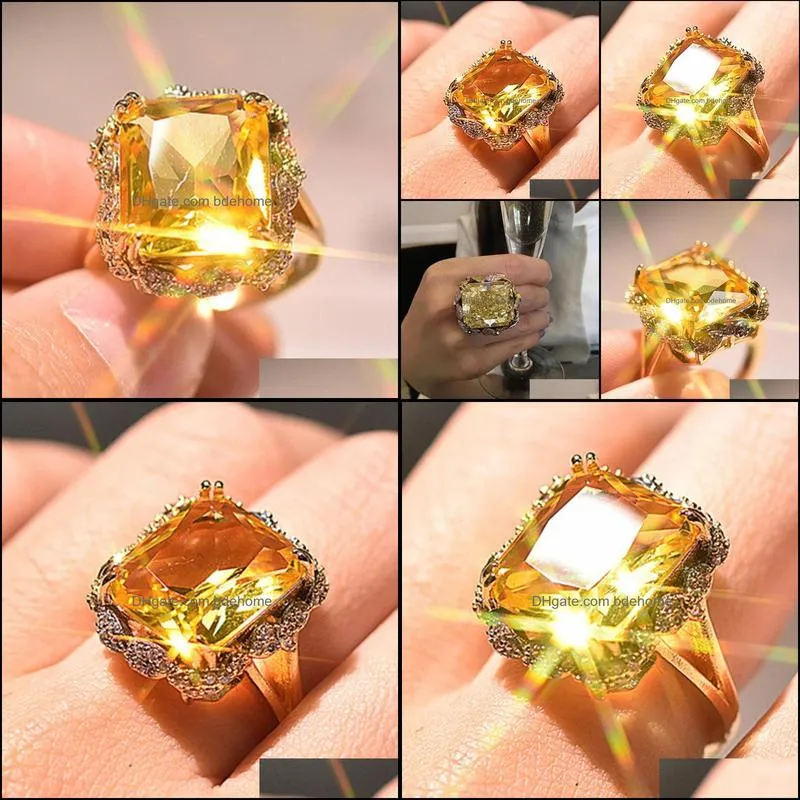 Square Yellow Cyrstal Engagement Band Ring Champagne Big Zircon Rings For Women Vintage Jewelry