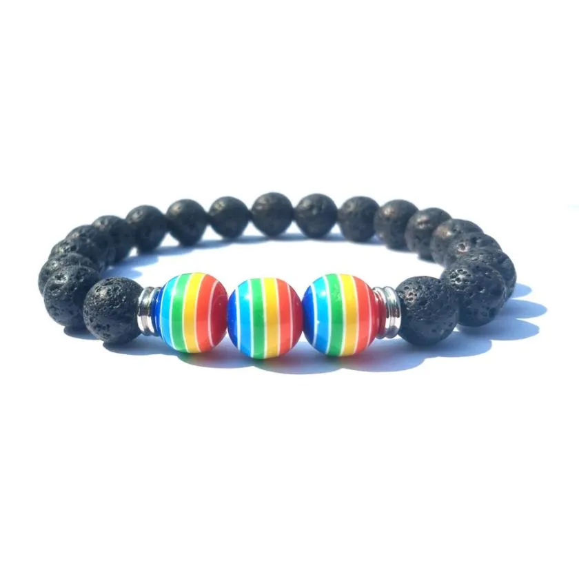10mm rainbow striped 8mm black lava stone beads elastic bracelet  oil diffuser bracelets volcanic rock beaded hand strings