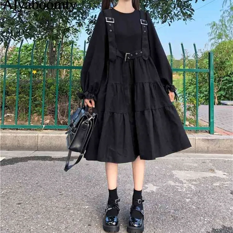 Japanische Harajuku Frauen Schwarz Midi Kleid Gothic Punk Stil Hosenträger Verband Kleid Vintage Rüschen Lange Baggy Cosplay Kostüm 210322
