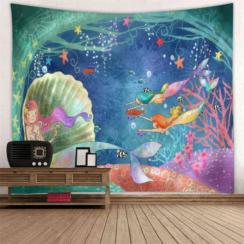 水中の世界ヒッピーカーペットウォールハンギング3Dマーメイドドルフィッシュサイケデリックカーペット動物マリンライフキッズギフト自由home装飾J220804