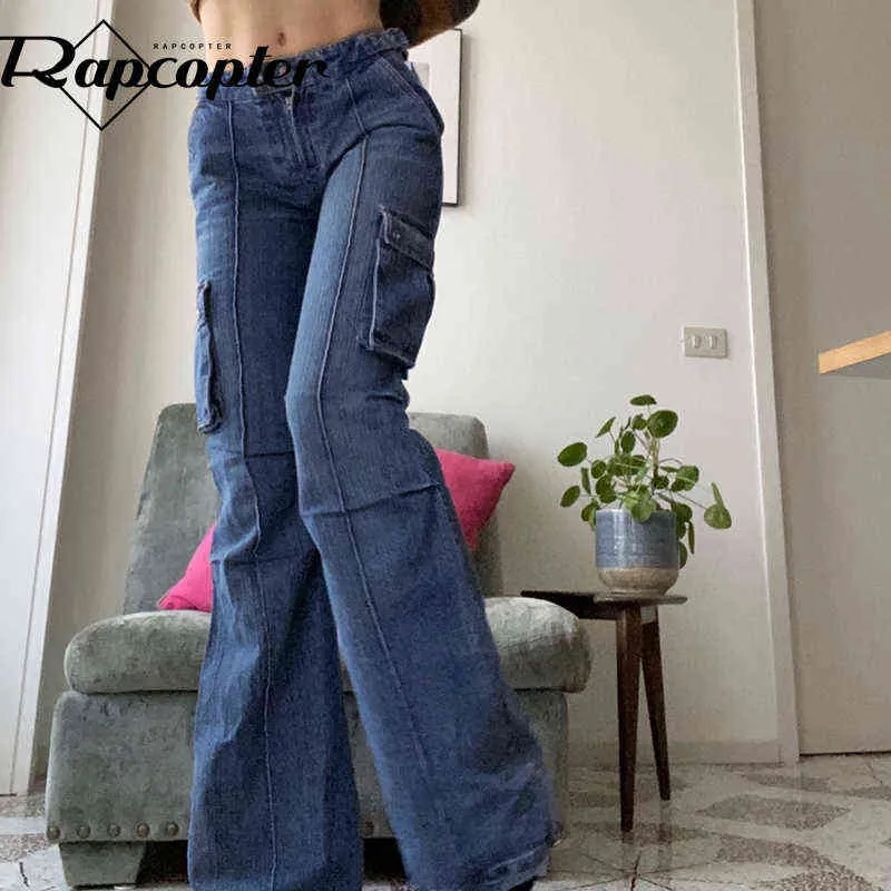 Rapcopter Large Pockets Jeans Vintage Do Old Boot Cut Denim Pants Low Waisted Casual Fashion Cargo Pants Women Streetwear Korea J220524