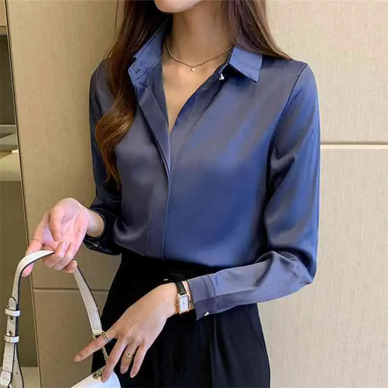 Chemises en soie Femmes Chemise blanche Femmes Chemises à manches longues Blouse Office Lady Satin Soie Blouse Tops Plus Taille Femme Basic Shirt Top 210401