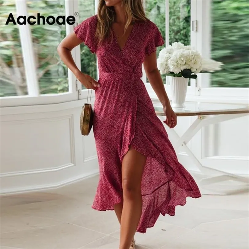 Aachoae Summer Beach Dress Women Ploral Print Long Bohemian Dress Fress Short Sleeve Boho Style Maxi Dressile Ruffles Sundress Vestidos 210401