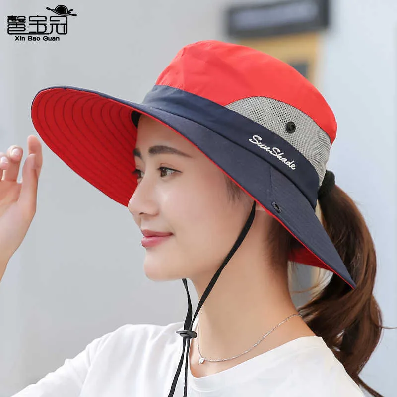 Fashion designer 9002 summer women's hat outdoor sunshade cap horsetail hole fisherman's sun breathable mountaineering hat parent child caps