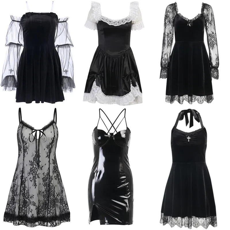 E girl Grunge Gothic Black Mini Dress Lace Trim High Waist Bodycon Y2K Women 90s Vintage Punk Harajuku Lolita Clothes 220521