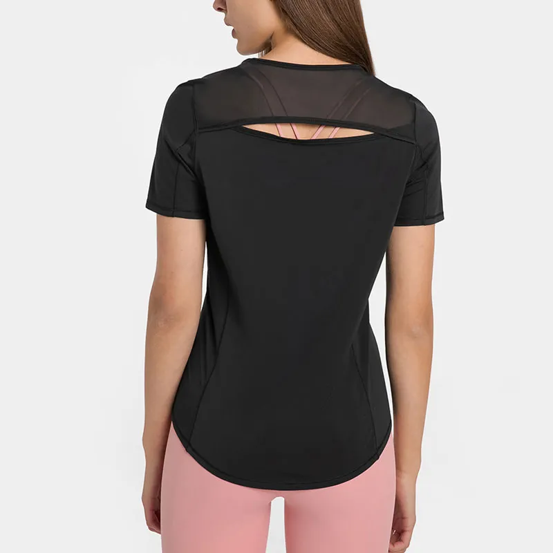 L156 Maille couture glace-sensation respirant dessus de yoga femmes dos ouvert trou Fitness vêtements à manches courtes séchage rapide léger Sport269z