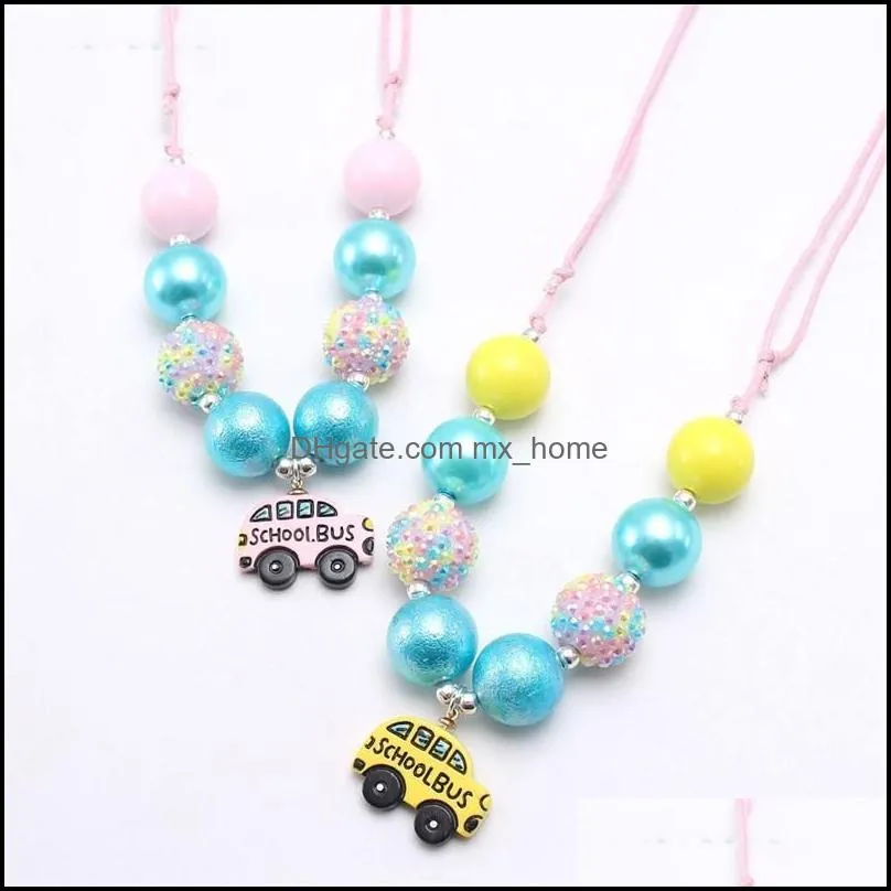 fashion baby chunky bubblegum beads necklace with school bus pendant for girls kids diy rope chain necklace kids gift mxhome