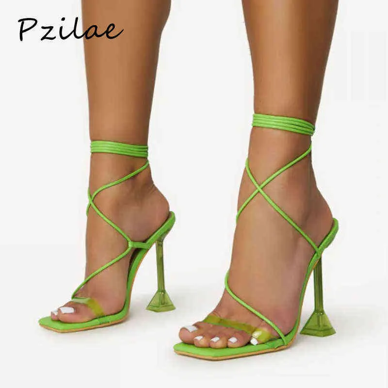 Sandali Pzilae 2022 Nuove Donne di Estate Chiaro Tacchi Alti Crossstrap Scarpe Da Donna Punta Quadrata Pompe Sexy Lady Party Taglia 42 220704