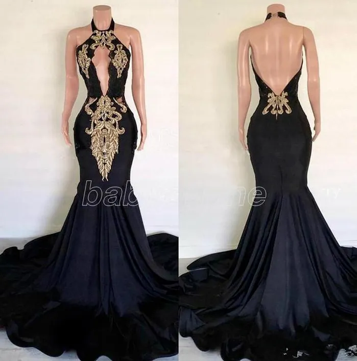 Zwart Sexy Backless V-hals Lange Mermaid Prom Dresses Halter Gold Applique Satijn Backless Afrikaanse Black Girls Formele Partyjurken C0413