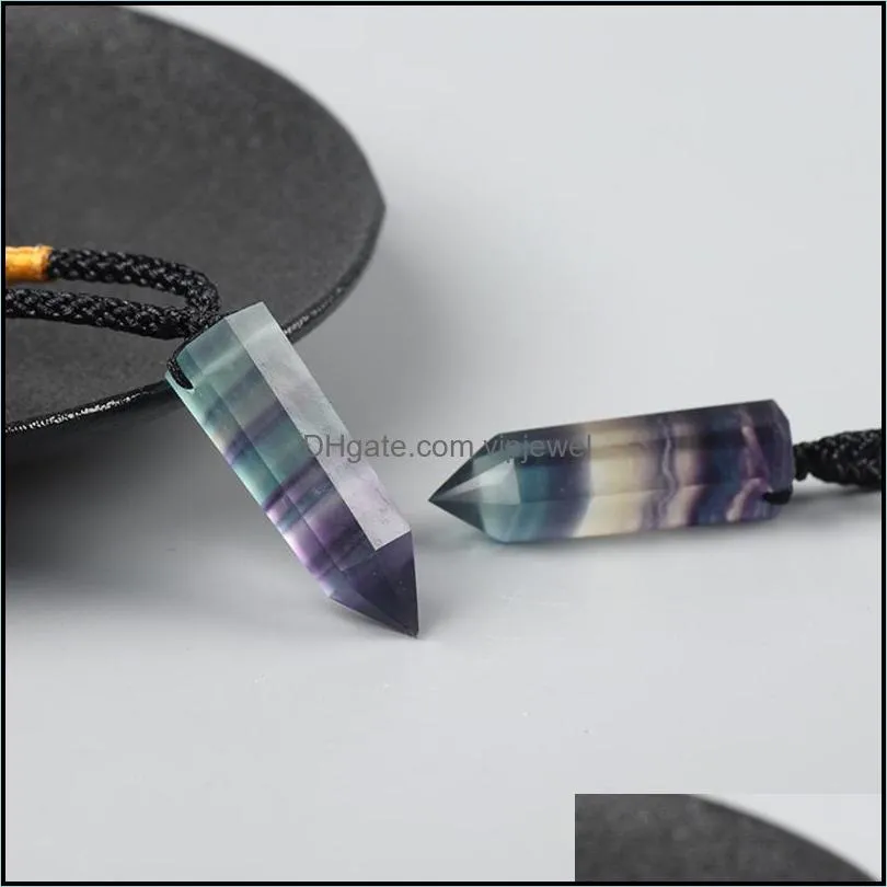 charms natural rainbow fluorite hexagonal prism pendant quartz crystal healing point chakra reiki necklacecharms