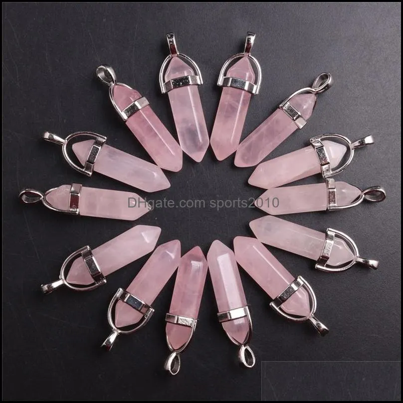 bulk natural stone rose quartz charms pink crystal pendant hexagonal column pendants necklace charms jewelr sports2010