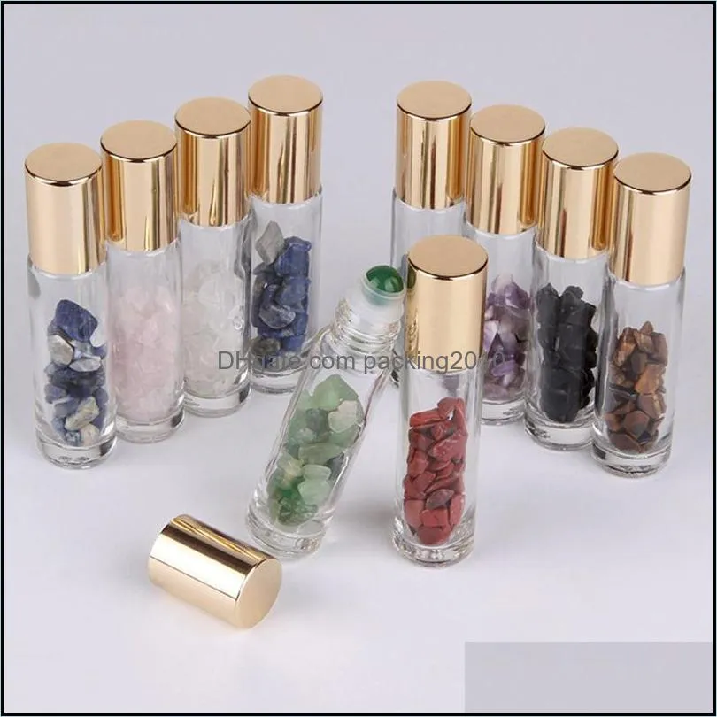 10ML Natural Semiprecious Stones ssential Oil Gemstone Roller Ball Bottles Clear Glass Healing Crystal Chips