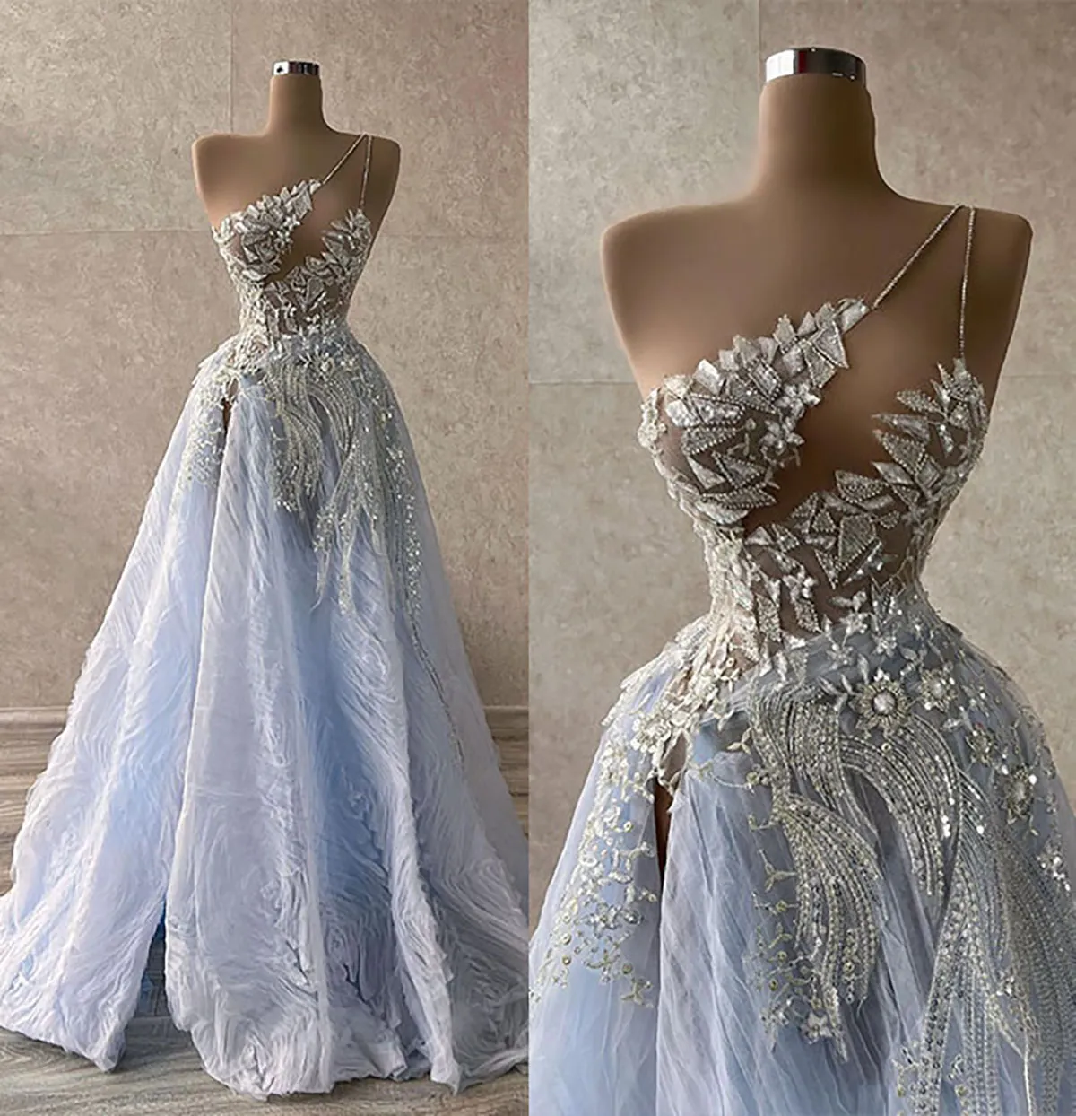 Bleu A-ligne Dentelle Robes De Bal Princesse Sans Manches Une Épaule Sexy Col En V Appliques Paillettes Perles Brillant Côté Fente Etage Longueur Robes De Soirée Plus La Taille Sur Mesure