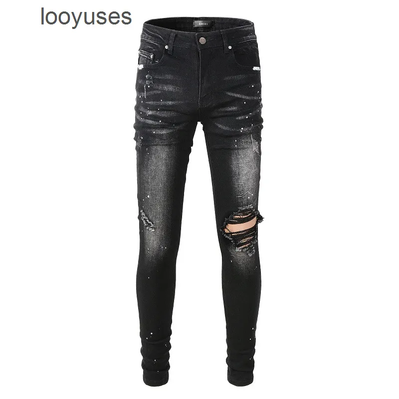 Jean Designer Jeans Amirs Amires High Street Brand Black Perforated Splash Jeans Mens Summer